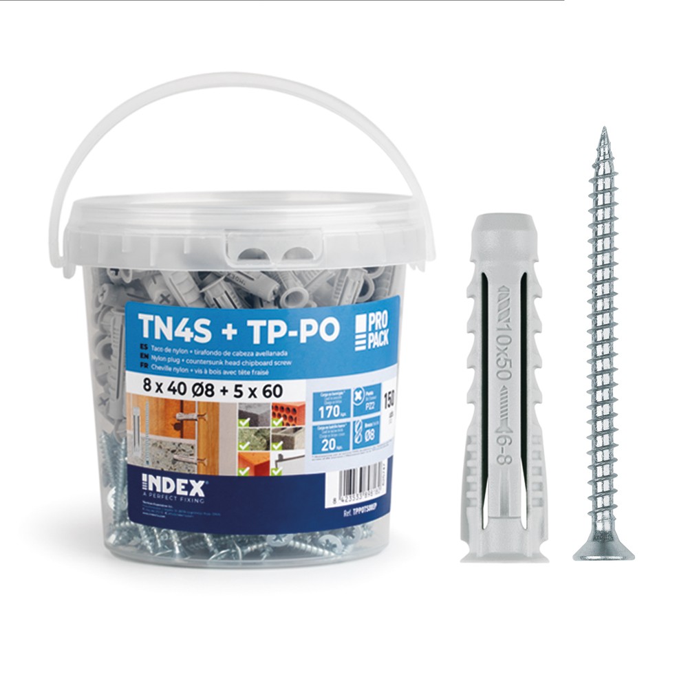 TN4S + TP-PO EP [CP] Taco de nylon anudable de 4 segmentos para todo tipo de materiales. Taco + Tirafondo. Bote de plástico